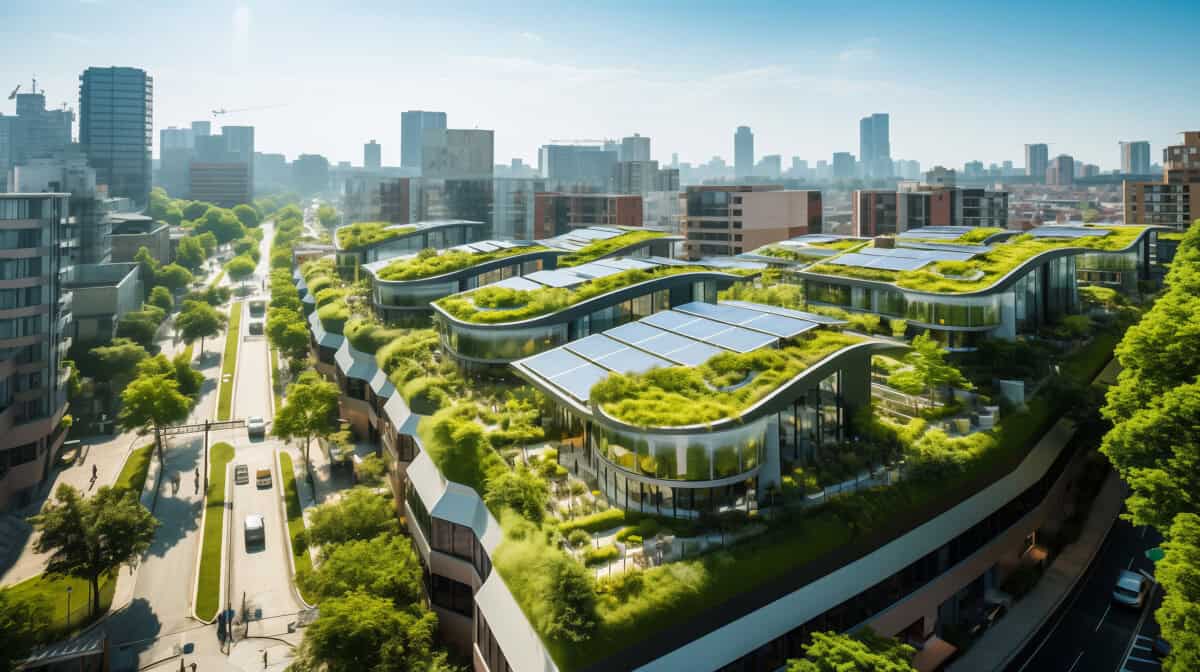 Sustainable Urban Planning: Cityscape with Green Roofs and Solar Energy