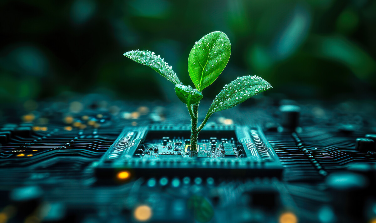 Sustainable Technology Concept with a Young Plant Growing from a Circuit Board, Symbolizing Eco-Friendly Innovation and Green Tech Solutions
